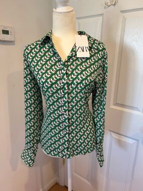 ZARA Green and White Geometric Print Button-Down Shirt